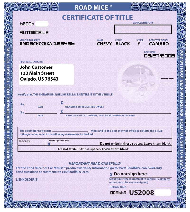 Certificate of Title - Sample